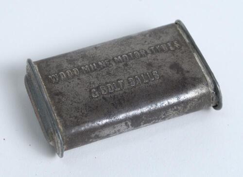 &lsquo;Wood-Milne Motor Tyres & Golf Balls&rsquo;. Interesting early silver base metal vesta case advertising their products, with unusual slide out cylindrical opening. 2.25&rdquo; long by 1.25&rdquo;. Some wear and ageing to case.