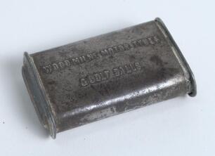 &lsquo;Wood-Milne Motor Tyres & Golf Balls&rsquo;. Interesting early silver base metal vesta case advertising their products, with unusual slide out cylindrical opening. 2.25&rdquo; long by 1.25&rdquo;. Some wear and ageing to case.