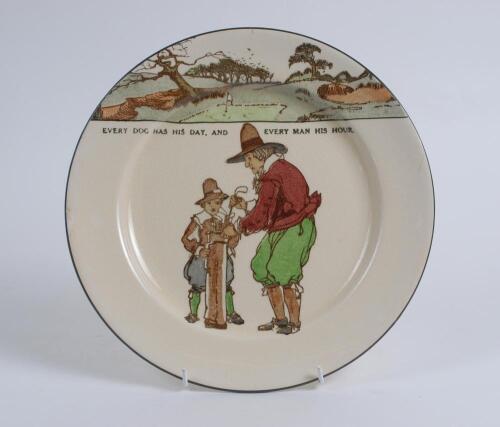 Royal Doulton Two &lsquo;Golfing series&rsquo; large dinner plates, decorated to face in colour with cavalier figures (Charles Crombie) playing golf with proverb inscriptions &lsquo;Every dog has his day, and every man his hour&rsquo; and &lsquo;Give losers leave to speak and winners 