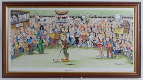 &lsquo;Pressure Putt&rsquo;. Norman Hood. Excellent and original humourous watercolour cartoon showing a nervous looking golfer about to take a crucial putt on the final hole with the scores level, surrounded by a large crowd, commentary box, cameras and even the cat