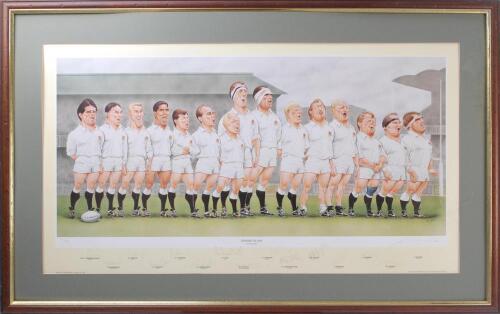 England &lsquo;Grand Slam Winners&rsquo; 1991. Large colour limited edition print by artist John Ireland portraying the England team in caricature inline at the ground. Signed to lower border in pencil by all fifteen players. Signatures include Carling, Underwood, Gu