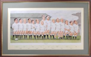 England &lsquo;Grand Slam Winners&rsquo; 1991. Large colour limited edition print by artist John Ireland portraying the England team in caricature inline at the ground. Signed to lower border in pencil by all fifteen players. Signatures include Carling, Underwood, Gu