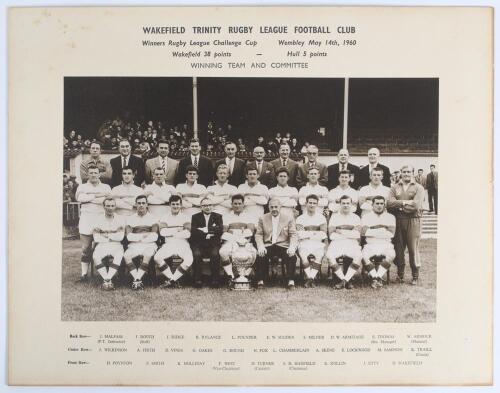 Rugby League. &lsquo;Wakefield Trinity Rugby League Football Club&rsquo; 1960. Large official mono photograph of the victorious Wakefield Trinity team who beat Hull 38-5 in the Rugby League Challenge Cup Final at Wembley, 14th May 1960. The players and officials are 