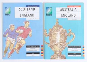 Rugby World Cup England 1991. Two official match programmes. One for the semi-final, Scotland v England, Murrayfield 26th October 1991, signed by Doddie Weir (died in 2022). The other for the final, England v Australia, Twickenham 2nd November 1991, signe