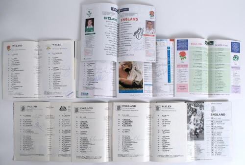 England Rugby International signed programmes 1976-2003. Nine official programmes for matches played at Twickenham (unless stated). Matches are England v Australia 1976, signed by David Duckham and Alastair Hignell. v Ireland, v Wales, v Scotland (at Murr