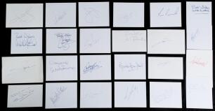 British international and club autographs 1960s onwards. A selection of over fifty individual signatures on white cards. Players include Emile Heskey, Michael Owen, John Terry, Ray Clemence, Wayne Rooney, Frank Lampard, Stuart Pearce, Dave Watson (England