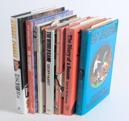 Signed football autobiographies. Seven hardback titles, each signed by the player. Titles are &lsquo;My World of Soccer&rsquo;, Jimmy Greaves 1966. &lsquo;The World Game&rsquo;, Geoff Hurst 1968. &lsquo;Goals From Nowhere!&rsquo;, Martin Peters 1970. &lsquo;Football Makes Me Laugh&rsquo;, Malcolm Macdo