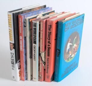Signed football autobiographies. Seven hardback titles, each signed by the player. Titles are &lsquo;My World of Soccer&rsquo;, Jimmy Greaves 1966. &lsquo;The World Game&rsquo;, Geoff Hurst 1968. &lsquo;Goals From Nowhere!&rsquo;, Martin Peters 1970. &lsquo;Football Makes Me Laugh&rsquo;, Malcolm Macdo