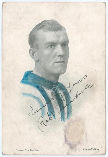 Robert &lsquo;Bobby&rsquo; Turnbull. Leeds United F.C. 1925-1932. Mono, highlighted with blue, plainback player card/postcard of Turnbull, head and shoulders, in Leeds shirt with printed signature. Published by Rostron of New Wortley, photo by Fielding. Annotation to