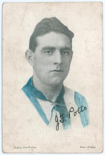 John Foster Potts. Leeds United F.C. 1926-1934. Mono, highlighted with blue, plainback player card/postcard of Potts, head and shoulders, in Leeds shirt with printed signature. Published by Rostron of New Wortley, photo by Fielding. Annotation to verso (i
