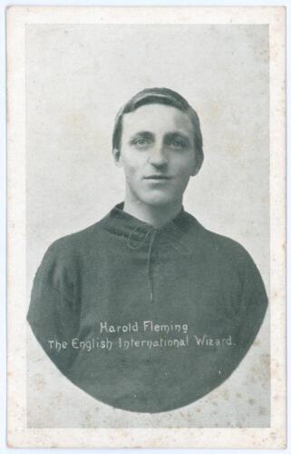 Harold Fleming. Swindon Town & England 1907-1924. Early mono printed postcard of Fleming, head and shoulders, in Swindon Town shirt. Title to image &lsquo;Harold Fleming. The International Wizard&rsquo;. Publisher unknown. Postally unused. Some soiling, otherwise in 