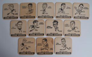 Aston Villa circa 1962. Complete set of twelve original beer mats issued by the &lsquo;Evening Despatch-Best for Sport&rsquo;, each featuring a named caricature of a Villa player by Norman Edwards. Players include Alan Deakin, Charlie Aitken, Derek Dougan, Mike Tinda