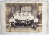 England v Scotland 1889. Excellent early original sepia photograph of the England team depicted wearing football attire, some with England international caps, seated and standing on the steps of the pavilion at Kennington Oval for the match v Scotland 13t