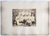 England v Scotland 1889. Excellent early original sepia photograph of the England team depicted wearing football attire, some with England international caps, seated and standing on the steps of the pavilion at Kennington Oval for the match v Scotland 13t - 2