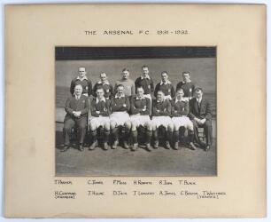 &lsquo;The Arsenal F.C. 1931-1932&rsquo;. Excellent original mono photograph of the Arsenal team and officials seated and standing in rows on the pitch wearing football attire. The photograph measures approx. 10&rdquo;x8&rdquo;, mounted with title and players&rsquo; names hand inscrib