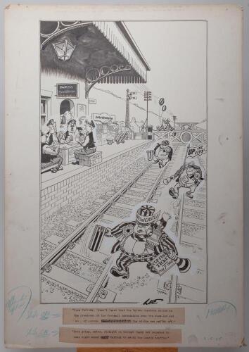 Newcastle United v Manchester City, F.A. Cup Final Wembley 1955&rsquo;. Excellent and original pen and ink drawing artwork by artist Joseph Lee, showing a group of Newcastle and City fans, dressed in scarves and rosettes walking and running down the railway tra