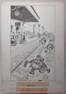 Newcastle United v Manchester City, F.A. Cup Final Wembley 1955&rsquo;. Excellent and original pen and ink drawing artwork by artist Joseph Lee, showing a group of Newcastle and City fans, dressed in scarves and rosettes walking and running down the railway tra