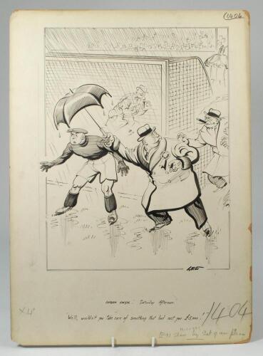 &lsquo;London Laughs: Saturday Afternoon&rsquo;. Excellent, large and original pen and ink drawing artwork, by artist Joseph Lee, depicting what appears to be the football club Chairman holding an umbrella over the teams goalkeeper during the match to protect him fro