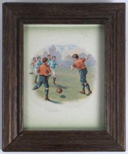 Football tile. Early ceramic title with transfer printed image of a football scene to centre. The tile dates from the late 1880&rsquo;s, early 1900&rsquo;s. Displayed in period wood frame. 6.25&rdquo;x7.75&rdquo;. Good condition