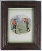 Football tile. Early ceramic title with transfer printed image of a football scene to centre. The tile dates from the late 1880&rsquo;s, early 1900&rsquo;s. Displayed in period wood frame. 6.25&rdquo;x7.75&rdquo;. Good condition