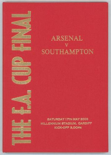 Arsenal v Southampton 2003. Official programme for the F.A. Cup Final played at the Millennium Stadium, Cardiff on 17th May 2003. The programme has been professionally bound in red boards, titles in gilt to front board &lsquo;The F.A. Cup Final. Arsenal v South