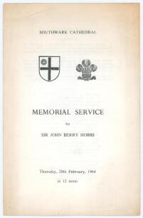 Sir John Berry &lsquo;Jack&rsquo; Hobbs 1924-1967. Order of Thanksgiving for Hobbs&rsquo; Memorial Service held at Southwark Cathedral on 20th February 1964. Some age toning to edges, light creasing to top corner, otherwise in good condition. Rare.