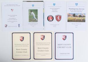 Kent cricketers&rsquo; orders of service. Three original orders of service of thanksgiving for former Kent cricketers. Graham Dilley, Worcester Cathedral 9th November 2011. Mike Denness, Canterbury Cathedral 1st July 2013, with official invitation. Derek Ufton,