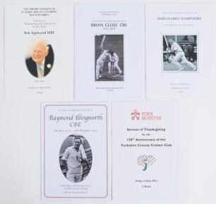 Yorkshire cricketers&rsquo; orders of service. Four original orders of service for former Yorkshire cricketers. Bob Appleyard, Bolton Abbey Church 31st March 2015. Brian Close, Headingley Church 30th September 2015. John Hampshire, Rotherham Minster 17th March 