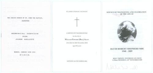 South West cricketers&rsquo; orders of service. Three official orders of service for John Arlott, Alresford Church 20th January 1992, Bill Alley, Taunton Church 6th December 2004, and David Sheppard, Westbury-on-Trym Church 26th November 2009. Good/ very good c