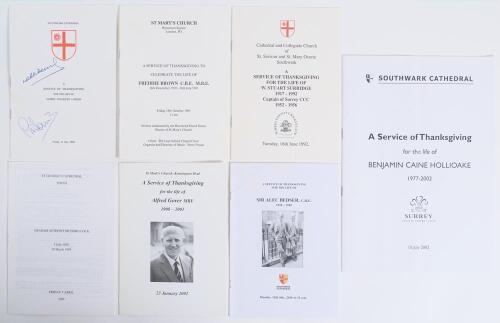 Surrey cricketers&rsquo; orders of service. Seven original orders of service for former Surrey cricketers. Jim Laker, Southwark Cathedral 11th July 1986, signed in ink to the front by Richie Benaud and Pat Pocock. Freddie Brown, Bryanston Square Church 18th Oct