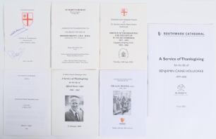 Surrey cricketers&rsquo; orders of service. Seven original orders of service for former Surrey cricketers. Jim Laker, Southwark Cathedral 11th July 1986, signed in ink to the front by Richie Benaud and Pat Pocock. Freddie Brown, Bryanston Square Church 18th Oct