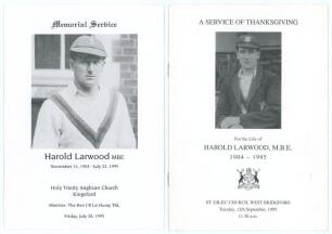 Harold Larwood. Nottinghamshire & England 1924-1938. Two official orders of service including one rarer for the Memorial Service held for Larwood at Holy Trinity Anglican Church, Kingsford, Sydney, Australia 28th July 1995, the other for the Service of Th