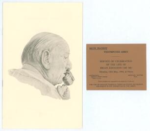 Brian Johnston. Broadcaster and cricket commentator. Official order of service for the Service of Celebration of the Life of Brian Johnston held at Westminster Abbey, 16th May 1994, with original admission ticket and accompanying large card signed by eigh