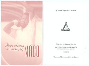 West Indies cricketers&rsquo; orders of service. Two original orders of service for former West Indies cricketers. One for the Unveiling Ceremony for the Malcolm Marshall Memorial Trophy held at Lord&rsquo;s 29th August 2000. The other for the Service of Thanksgiving