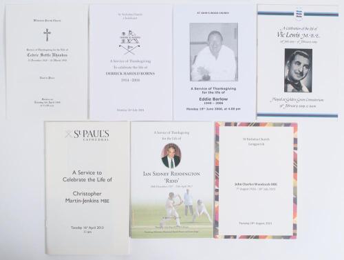Cricket and other orders of service. Seven original orders of service for Cedric Settle Rhodes 1920-1990 (Lancashire Chairman 1960/70&rsquo;s), Derrick Robins 1914-2004 (Warwickshire), Eddie Barlow 1940-2006 (Derbyshire & South Africa), Vic Lewis 1919-2009 (mus