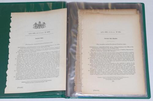 Original Patents. Cricket Bats 1876-1885. Folder comprising twenty four original printed &lsquo;Provisional Specification&rsquo; patent documents, all relating to the construction of cricket bats, bat and tennis racquet handles and covers &lsquo;and other Implements of the