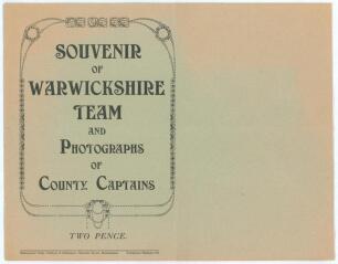 &lsquo;Souvenir of Warwickshire Team and Photographs of County Captains&rsquo;. Printed by the Shakespeare Press, Birmingham 1911. Four page large format souvenir brochure in original green paper wrappers with title to front. The centre pages feature printed mono ima