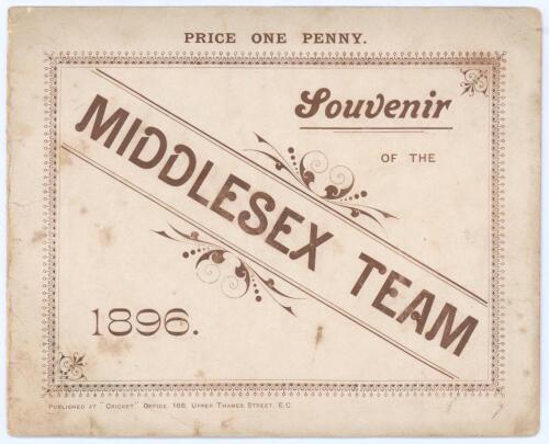 &lsquo;Souvenir of the Middlesex Team 1896&rsquo;. Folding card with title to front, printed image of the Middlesex team with &lsquo;List of Matches Played with Results&rsquo; up to 29th June and &lsquo;Matches to be Played&rsquo; to centre, advertisement for F.H. Ayres cricket and sports e
