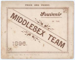 &lsquo;Souvenir of the Middlesex Team 1896&rsquo;. Folding card with title to front, printed image of the Middlesex team with &lsquo;List of Matches Played with Results&rsquo; up to 29th June and &lsquo;Matches to be Played&rsquo; to centre, advertisement for F.H. Ayres cricket and sports e