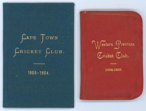 South African cricket membership tickets 1903-1905. Original Cape Town C.C. membership card/ fixture list booklet for season 1904/05, leather covers with gilt title. Sold with a similar membership booklet for Western Province C.C. 1904/05. Both issued to 