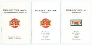 England tour itineraries 1991-1997. Three official players&rsquo; tour itinerary booklets for the tours to New Zealand and the World Cup 1991/92, Zimbabwe 1996 and New Zealand 1997. Player unknown. Good/ very good condition.