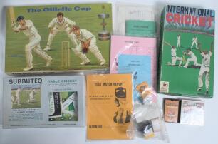 Cricket games and beer pump badges c.1970s onwards. Box containing an assortment of table top and card cricket games. Titles include &lsquo;International Cricket&rsquo; (Godfrey Evans Games), &lsquo;Subbuteo Table Cricket Display Edition&rsquo;, &lsquo;The Gillette Cup&rsquo;, (Ariel), &lsquo;Run