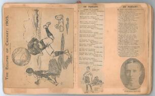 Cricket and football 1905-1907. Leather bound scrapbook album comprising a good collection of newspaper cuttings covering cricket and football matches and players of the period and other non-sporting content of a light-hearted nature. Cricket references i