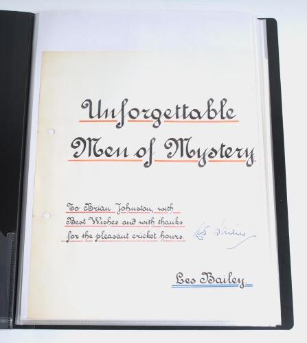 Brian Johnston. Broadcaster and cricket commentator. An interesting selection in two matching folders comprising poetry, scripts and letters from the estate of Brian Johnston. Contained in one folder is a large collection of original poems about spin bowl