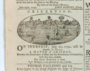 &lsquo;The Kentish Gazette&rsquo;. Original early newspaper for 19th July 1791 printed in Canterbury. Page one column 1 features a small advertisement with an engraved vignette of a cricket scene. The advertisement reads &lsquo;Cricketing. On Thursday, July 21, 1791, will 
