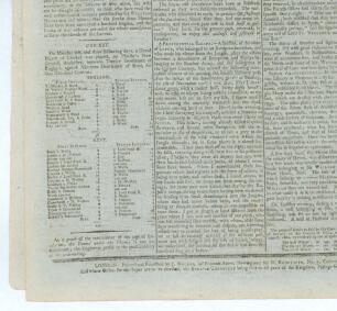 &lsquo;The English Chronicle&rsquo;. Original early newspaper for 21st August 1800. The rear page column 1 features a report on &lsquo;a Grand Match of Cricket [was] played, on Marshe&rsquo;s New Ground, Rochester, between Twelve Gentlemen of England, against Nineteen Gentlemen 