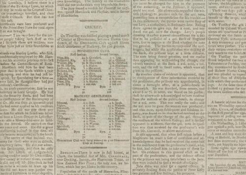 &lsquo;The Traveller&rsquo;. Original early newspaper for 7th July 1801. The rear page column 2 features a report on &lsquo;a Grand Match of Cricket at Hommerton [sic]between Eleven Gentlemen of the Hommerton Club against Eleven select Gentlemen of Hackney, for 500 guineas
