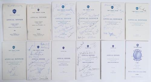 &lsquo;XL The Forty Club&rsquo; 1967-2002. Twelve original signed menus, the majority multi-signed, for annual Club dinners held at the London Hilton, Park Lane in 1967, 1970, 1984, 1985, 1987, 1988 (2 copies), 1992, 1995, 1997 (2), and 2002 (held at The Savoy). Each