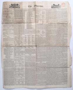 &lsquo;The Observer&rsquo;. Original early newspaper for 7th June 1841. The front page columns 2 and 3 features a lengthy report on the match between &lsquo;Marylebone Club and Ground against the Five Northern Counties [North]&rsquo; at Lord&rsquo;s 31st May- 2nd June 1841, North won 