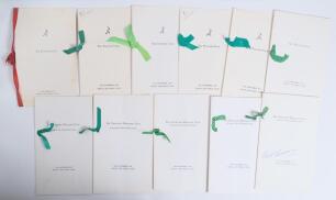 &lsquo;The Playfair Club [Cricketer Magazine Club]&rsquo; 1961-1977. Eleven original signed menus, for annual Club dinners held at the Royal Air Force Club, London, in 1961 and 1968-1977. Each folding menu with ribbon tie and multi-signed to rear autographs page or i